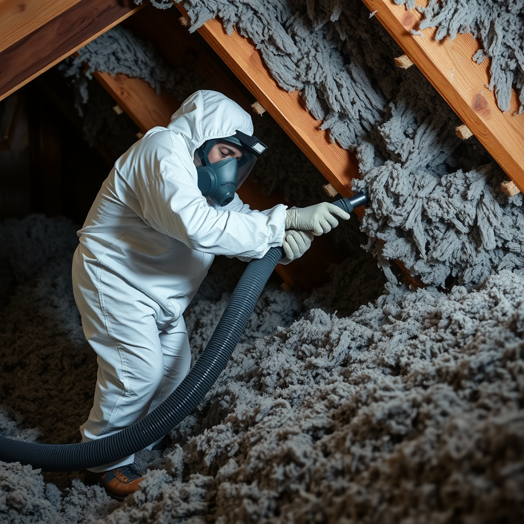 Specialist in PPE vacuuming blown-in insulation out of an attic